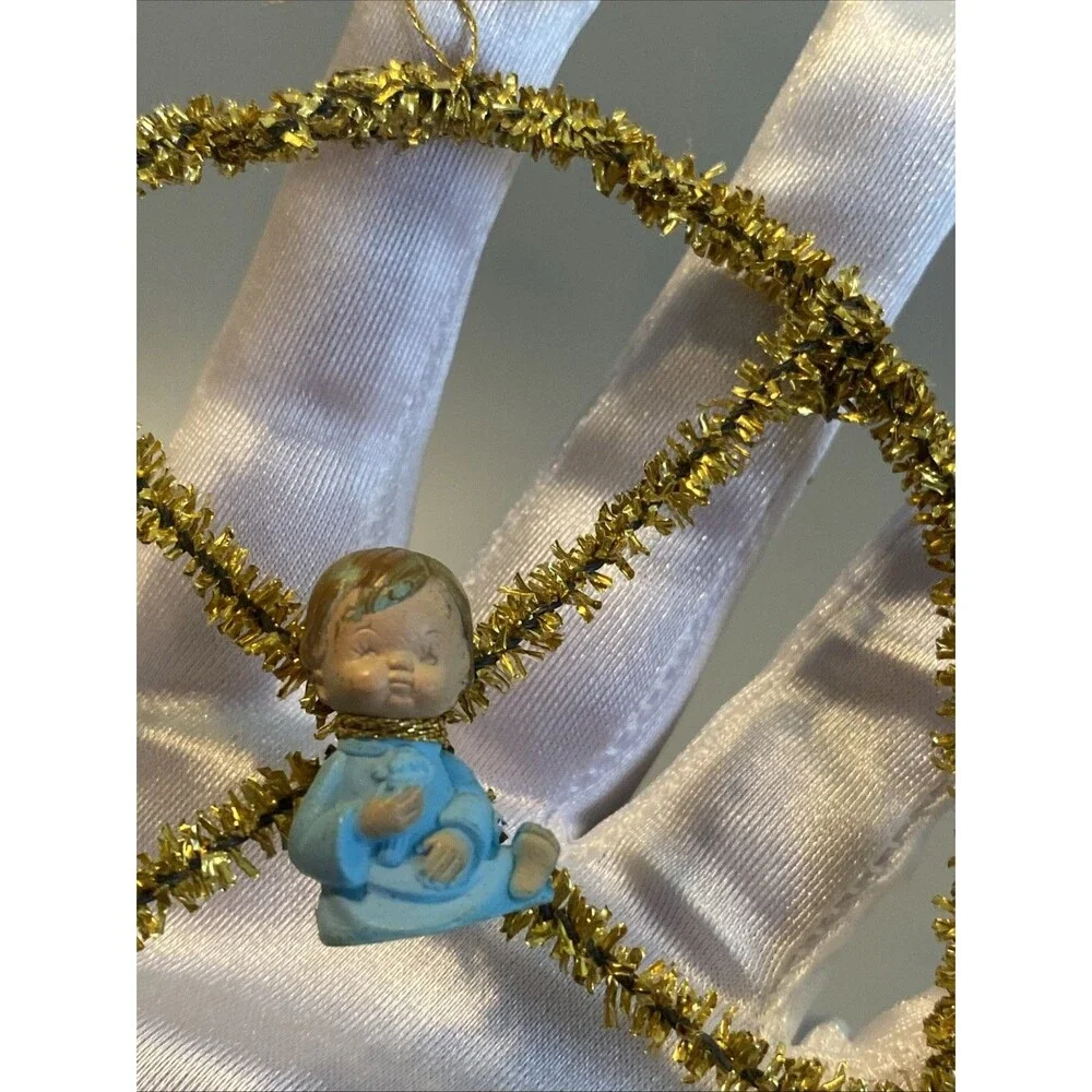Vintage Christmas Ornament Gold Tinsel Wire Circle with Baby Jesus Handmade